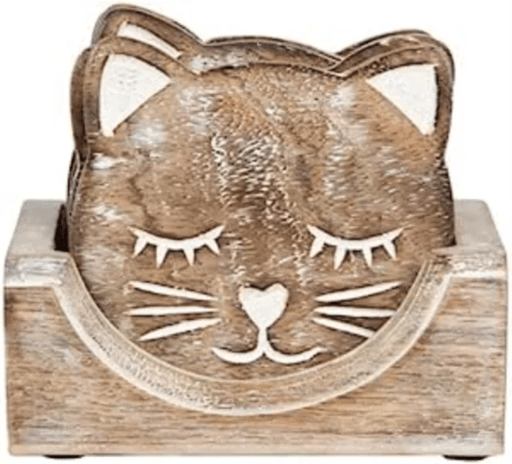 Sass &amp; Belle Wooden Carved Cat Coaster - Set of 6