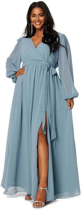 Goddiva Curve Long Sleeve Chiffon Maxi Dress
