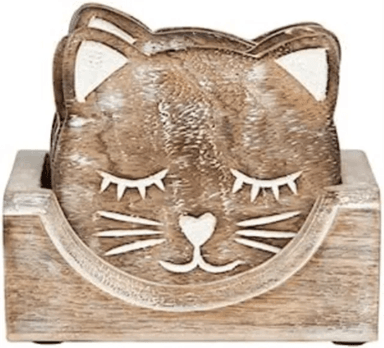 Sass &amp; Belle Wooden Carved Cat Coaster - Set of 6