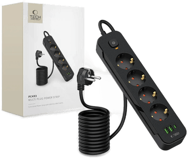 Techprotect Strømskinne 4 Uttak 2x USB-A 1x USB-C
