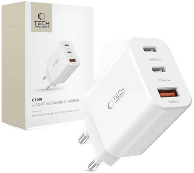 Techprotect Vegglader 30W 2x USB-C 1x USB-A